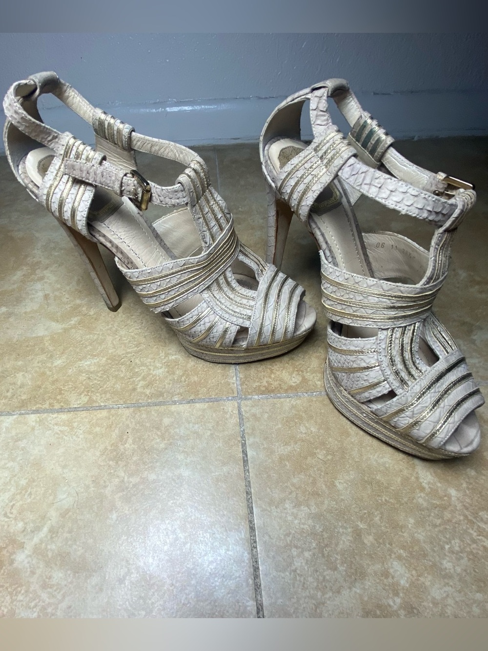 Christian Dior Cream & Gold Snakeskin Leather Platform Heels Size 38